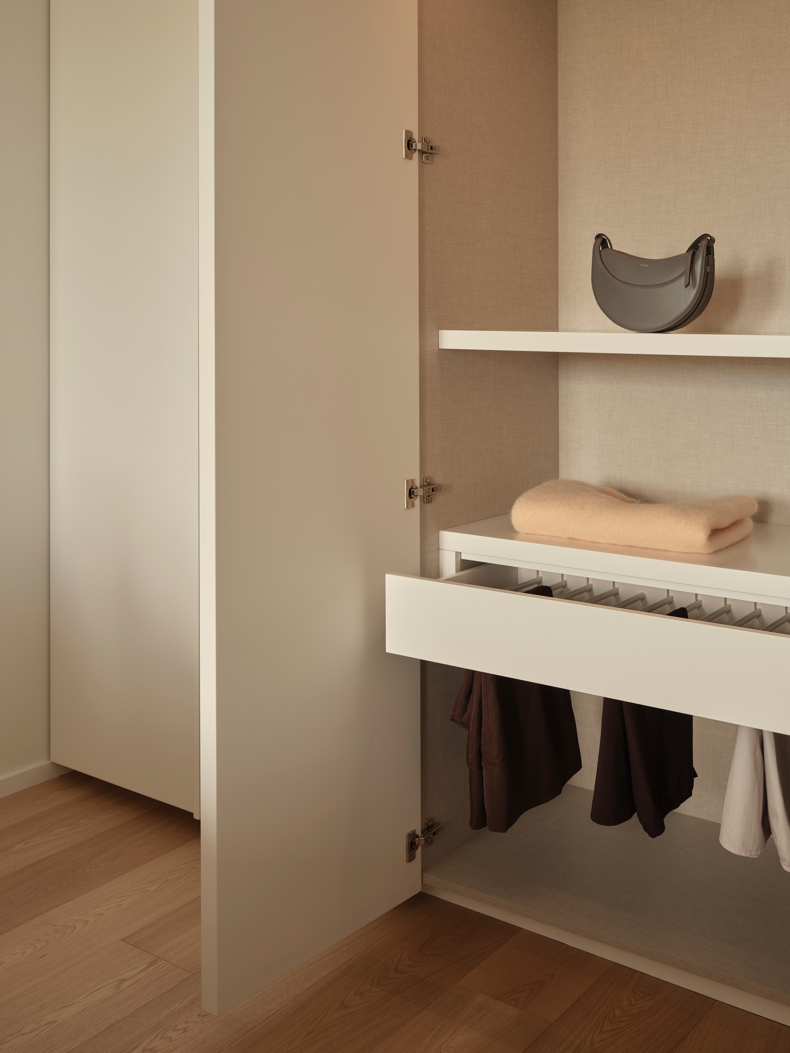 Closet detail with handbag on shelf, pull-out trouser rack, and hanging garments