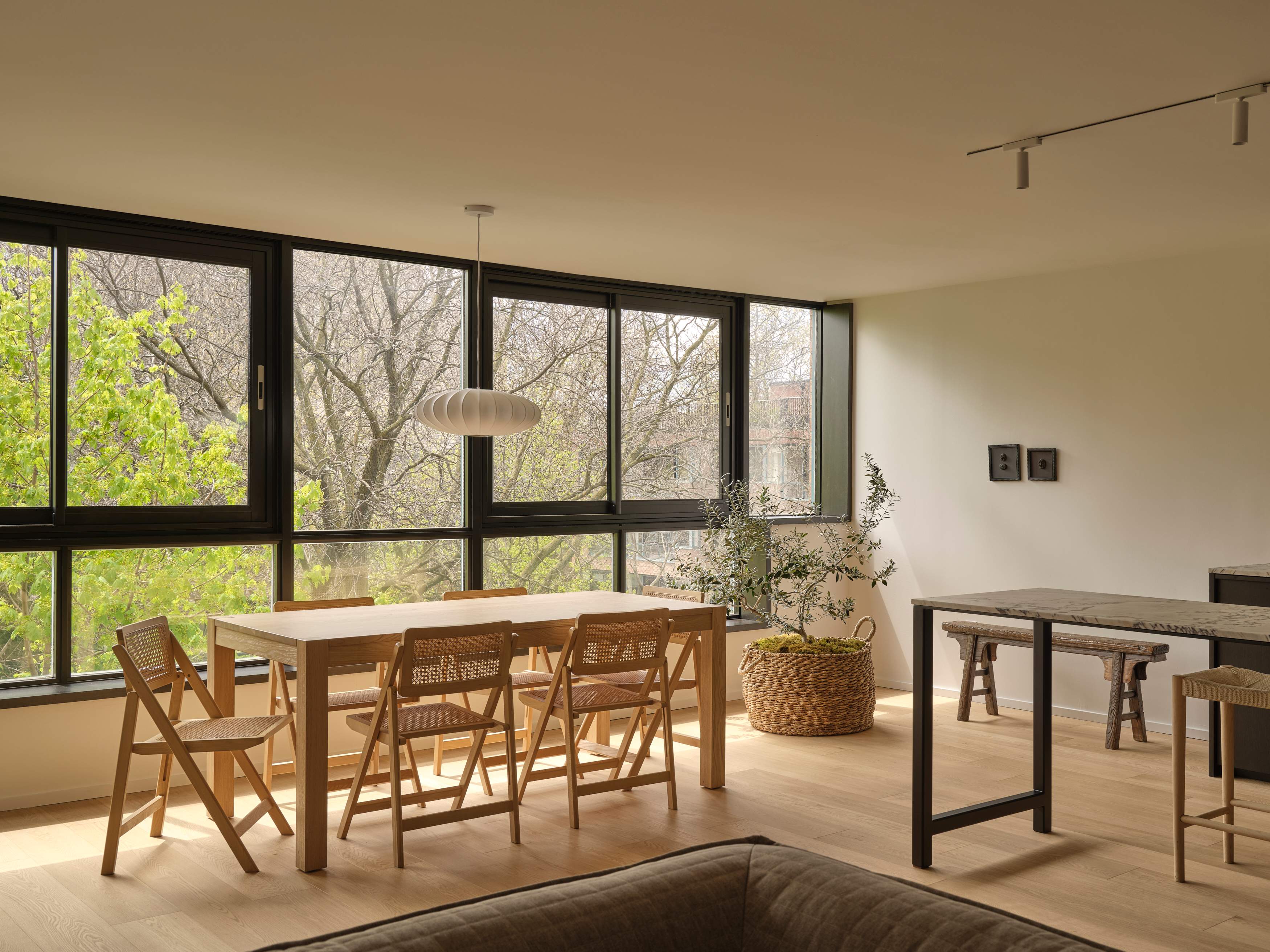 Open living and dining area with park views after the solarium was removed