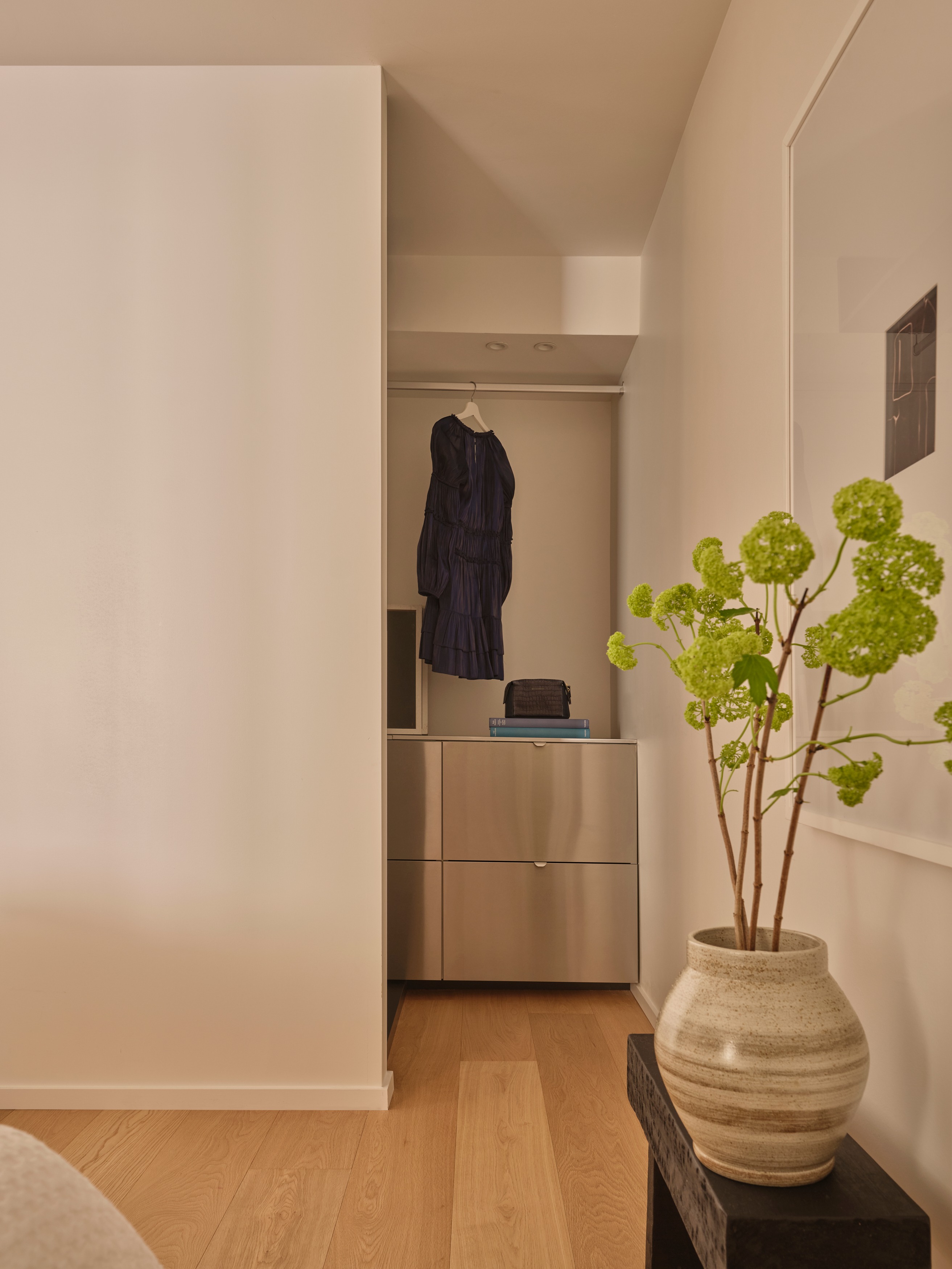 Dressing nook with navy dress on a hanger, brushed-steel dresser, and green viburnum