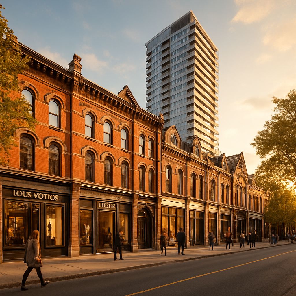 Yorkville Toronto streetscape with heritage boutiques and a modern condominium tower