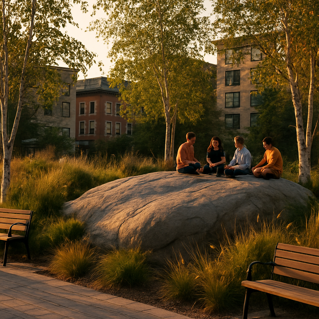 People sitting on the granite rock among birch trees at Yorkville Park